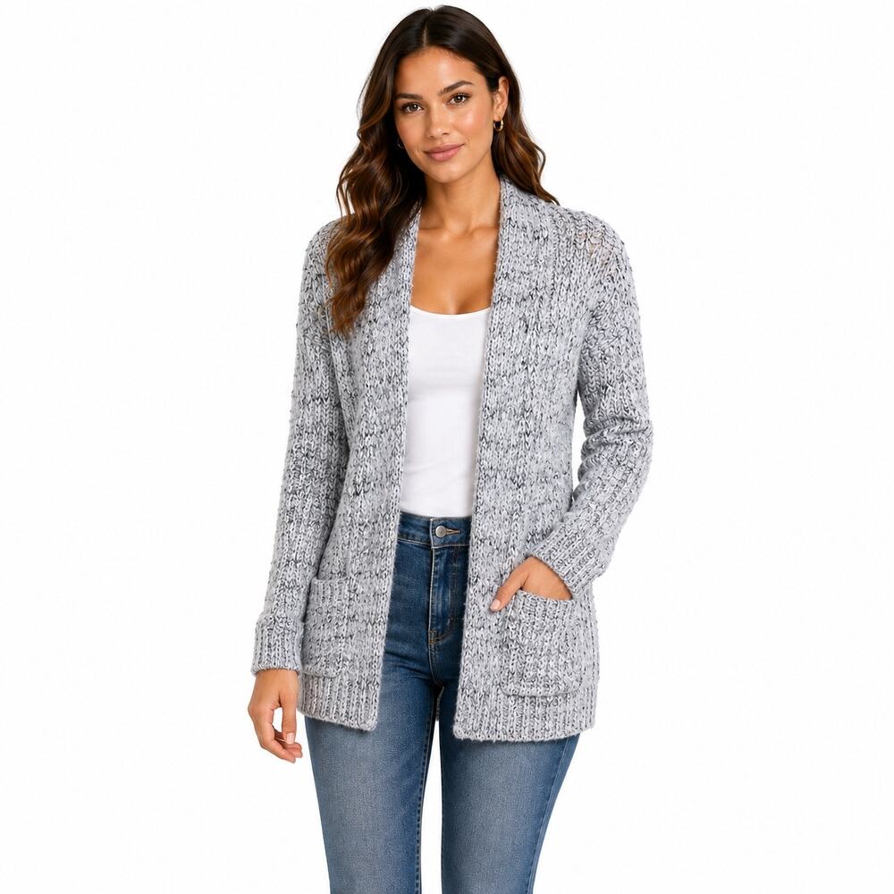 Madison Lilly Gray Marled Cardigan Sweater Small Open Front Cozy Knit